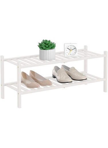 RONGJIA 2-Tier Natural Bamboo Shoe Rack - Stackable Storage Shelf with Multi-Function Combinations - Free Standing Shoe Racks for Convenient Shoe Organization（White） 11" D x 27" W x 13" H