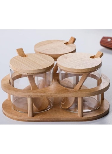 Glass Spice Jar with Wood Lid Hot Pepper and Kitchen Utensils Clear Glass Oil Bowl with Bamboo Spoons and Lids and Holder