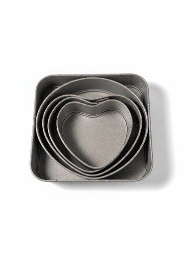 5 Piece Nonstick Aluminum Cake Pan Mould set with Multiple sizes and shapes (3 x Heart Shapes, 1x Circular Shape &amp; 1x Square shape)