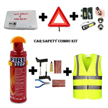Portable Car Emergency Safety Kit, Fire Extinguisher 500ml, Road Warning Triangle Reflector,Safety Jacket, First Aid Kit,Tyre Puncture Repair Kit and Rechargeable  Flashlight