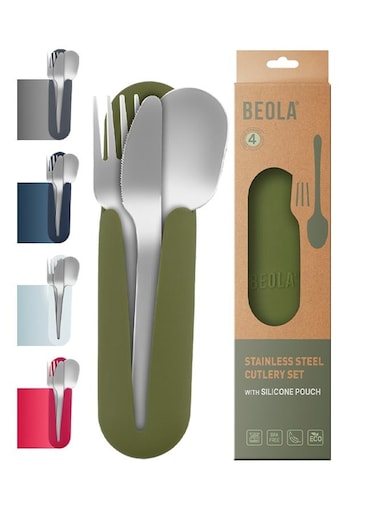 Stainless Steel Cutlery Set, Travel Utensils Set with Silicone Case Pouch, Fork Spoon Knife Camping Set, Cutlery Set for Kids School, Set of 4 (Forest Green)