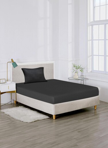 Linen Single Striped Fitted Elastic Bedsheet with 1 Pillow Case 90 x 190 Cm Black