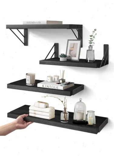 4Pcs Floating Shelves, Wood Wall Shelves Set for Home &amp; Office, Mounting Storage Rack for Bedroom Decor, Bathroom, Living Room, Easy Install, (Black)
