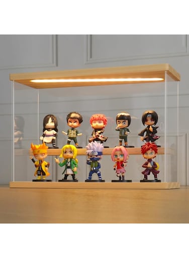 LANSCOERY Clear Acrylic Display Case with Light, Assemble 2 Tier Display Box Stand with Wooden Base, Dustproof Protection Showcase for Collectibles Memorabilia Figurines (11.8x4.3x7.9inch; 30x11x20cm)