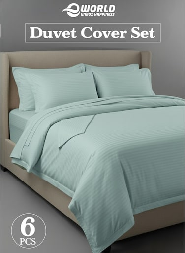 Premium Striped Duvet Set All Season &acirc;&euro;&ldquo; 6-Pieces Set Pastel Green   King Size 220x240 cm   Ultra-Soft, Wrinkle-Resistant &amp; Made in Dubai   Includes Duvet Cover, Fitted Sheet (200x200 cm) &amp; 4 Pillowcases (50x70 cm)