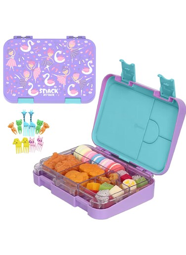 Snack Attack TM Bento Lunch Box for kids Lilac Purple Ballerina Color for Kids  4 or 6 Convertible Compartments BPA FREE LEAKPROOF Dishwasher Safe Back to School Season for children Boys Girls Toddler
