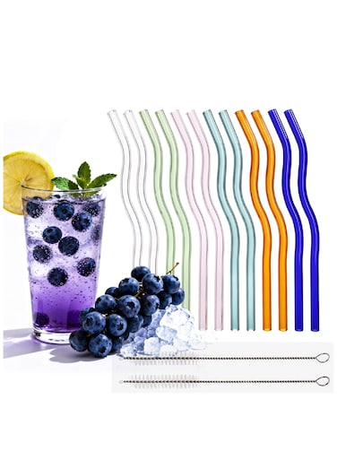 12Pcs Reusable Colorful Wavy Glass Straws - Shatter Resistant Glass Straw with Clening Brush, Suitable for Ice/Hot Beverages,Coffee,Milk,Tea,Juice