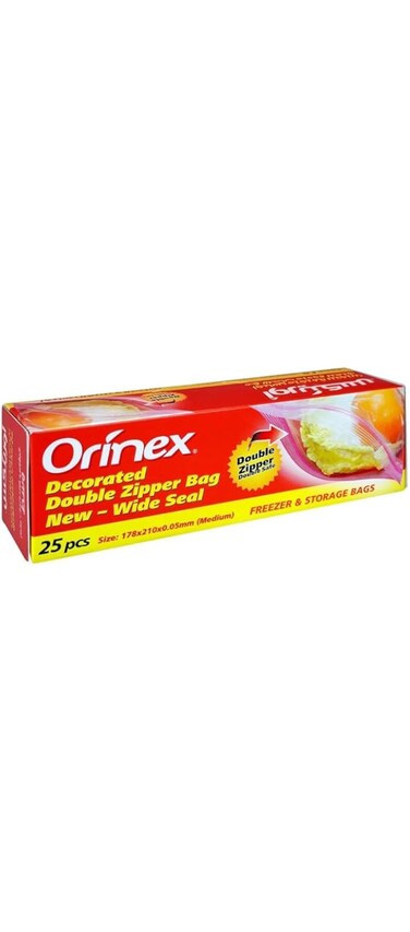 Orinex Decorated Double Zipper Bag New - Wide Seal [MEDIUM] - Double Zipper Closure [DOUBLE SAFE] - Freezer &amp; Storage Bags - 178mm x 210mm - 25 Bags