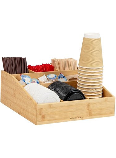 Mind Reader Coffee Condiment And Accessories Caddy Organizer With 9 Organizing Compartments, Bamboo Brown