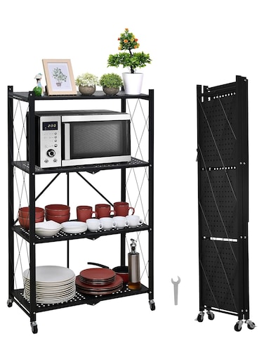4 Layer Storage Rack with Caster Wheels Space Saving Foldable Metal Wire Rack Includes Spanner - Shelf Organizer for Kitchen Bedroom Bathroom (125cm x 71cm x 32cm)