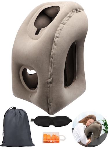 Portable Inflatable Neck Pillow Travel Pillow Velvet Gray Suitable for Aircraft Cars Buses and Offices