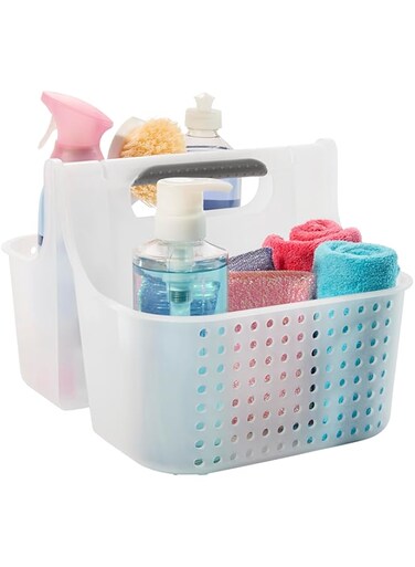 madesmart Small Soft Grip Tote Frost, Grey   BATH COLLECTION   2-Compartments   Thick Handle for Carry-comfort   Multi-use Storage for Bath and Beauty Accessories   BPA-Free Large 95-79083-06