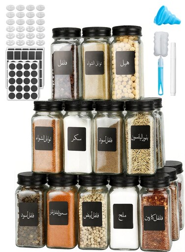 Set of 12 Glass Spice Jars 180ml Square Containers with Labels, Shaker Lids, Airtight Metal Caps and Funnel