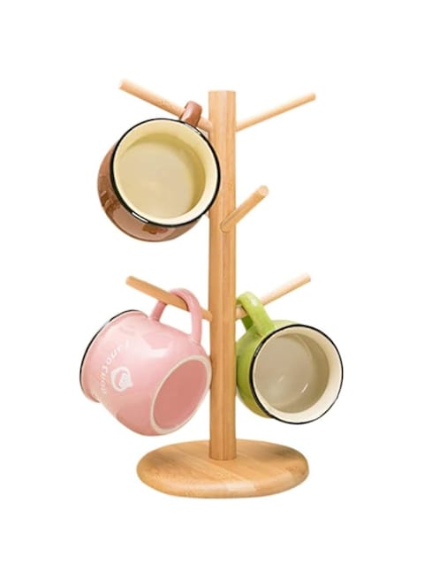KASTWAVE Stylish Bamboo Mug Tree Stand - 6 Hook Coffee &amp; Tea Cup Organizer, Removable &amp; Space-Saving Design for Home &amp; Kitchen