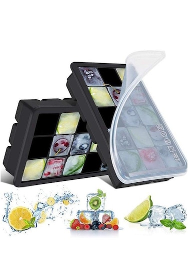 Silicone Ice Cube Trays with No Leaking Lid, Easy Release and Flexible 15 Cavities Square Mold, Set of 2, Odors Stackable