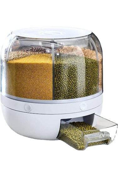6-Grid 360&deg; Rotating Food Dispenser, One-Click Storage Container for Rice, Grains, Snacks