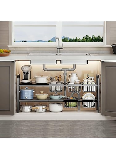 U-HOOME Under Sink Organizer,2 Tier Expandable Cabinet Shelf Organizer,Under Sink Storage Rack with 5 Removable Panels and 5 Baskets Under for Kitchen Bathroom,Countertop (Black(5P+5B）)