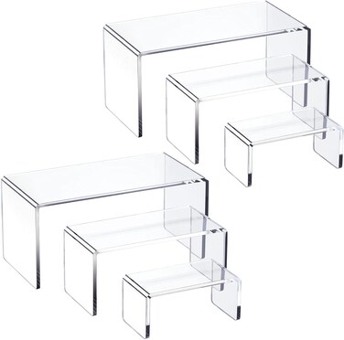 HIIMIEI Acrylic Risers for Display - Clear 3-Tier Stands for Amiibo, Funko Pop, Jewelry - 8.4" x 6.3" x 4.3" (2 Sets)