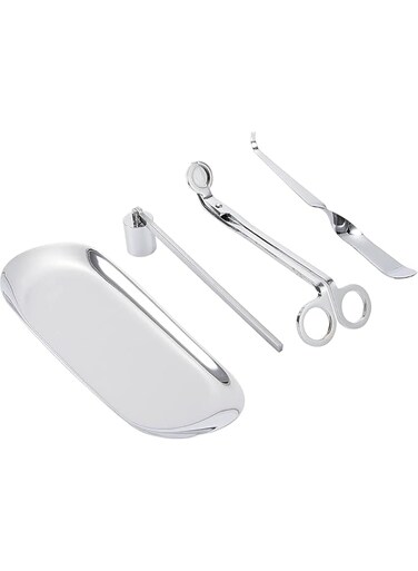 HXDream 4pcs Candle Accessory Set,Candle Wick Trimmer Set,Candle Wick Snuffer,Candle Wick Dipper,Storage Tray Plate,Candle Care Tools Gift for Candle Lovers (Silver)