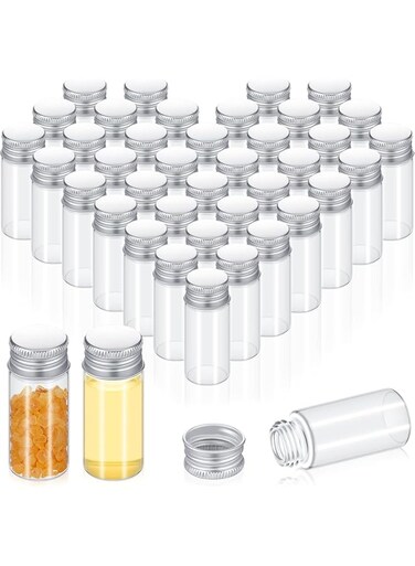 50 Pcs Vials Clear Mini Glass Bottles with Screw Aluminum Metal Cap Tiny Jars Empty Small Bottles with Lids DIY Sample Containers for Powder Cream Cosmetic Jewelry Wedding (Silver Caps,10 ml)