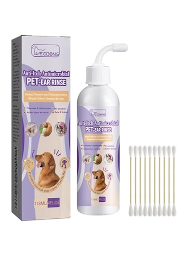 FDTY Dog Ear Cleaner, Dog Ear Cleaning Solution for Dog Ear Infection Treatment, Soothes Ear Inflammation, Itch Relief, Removes Wax, Odor, with 10 Cotton Swabs