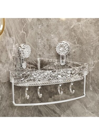 Azonee Light Luxury Style Punch-Free Storage Rack, No-Drill Clear Wall Caddy, Corner Shower Caddy, Removable Suction Cup Shower Shelf, Adhesive Bathroom Shower Organizer, 4 Hooks, Kitchen Caddy