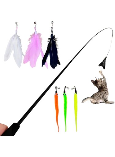 7 Pieces Telescopic Cat Wand Toy Extend Ultra Long to 1.8M Retractable Cat Teaser Stick Cat Fishing Pole Toy with 3 Feathers 3 Worms Refills Interactive Cat Toys for Indoor Cats Kittens Playing Fun