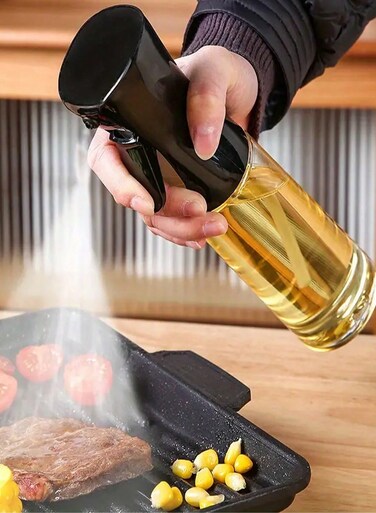 Nozzle Oil Spray Bottle - 200ml Durable Food-Grade Glass for Healthy Cooking, BBQ, Frying, Salad, Travel - Ergonomic Non-Slip Handle, Wide Mouth Design, Leak-Proof