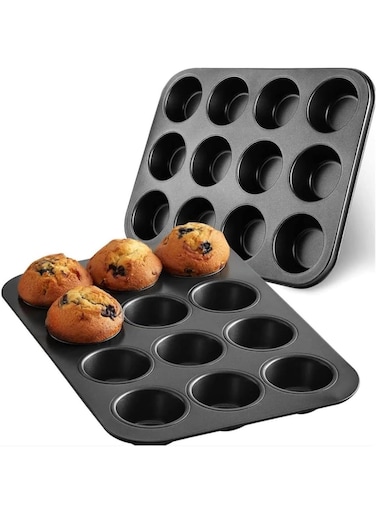 12 Cup Cupcake Baking tray Non-Stick Carbon Steel Muffin Tray Oven Baking Pan Heat Resistant Bakeware Pan perfect for making Cupcakes, Mini Pie, Tart and Muffins
