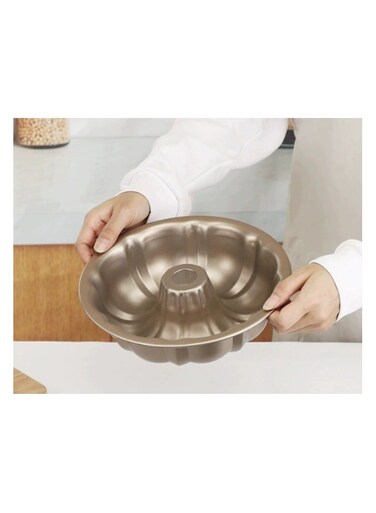 Inch Fluted Cake Pan, Nonstick Tube Pan for Baking Pound Cake, Heavy Duty Carbon Steel Round Baking Mold, Easy Release &amp; Easy to Clean, 10 Cup, Champagne Gold