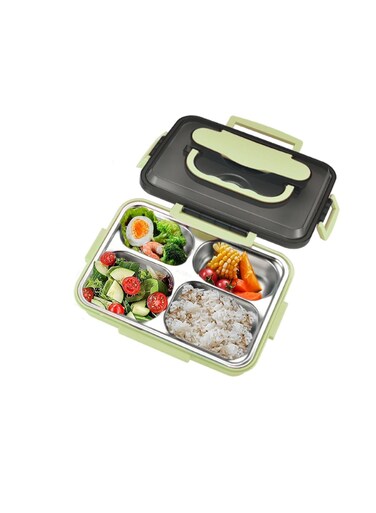 Stainless Steel Lunch Box for Adults, Men, Women, 1200ML 4 Compartments Leakproof Lunch Box, Food Grade PP Shell, Microwaveable, Set with Lunch Bag, BPA Free (Green)