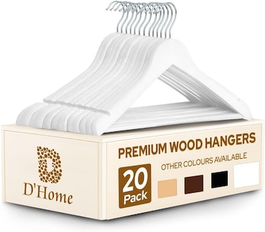 D'HOME 20-Pcs Wooden Hangers &ndash; 40cm Natural Lotus Wood Coat Hangers with 360&deg; Swivel Chrome Hook, Non-Slip Bar &amp; Notches &ndash; A-Grade Quality for Suits, Shirts, Pants, Kandora, Abaya (White Wood Finish)