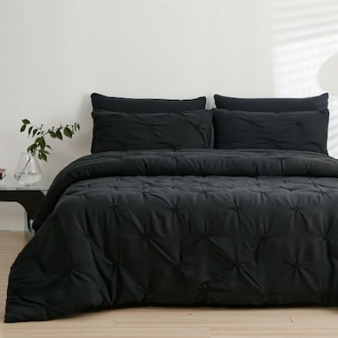 Luna Home King size comforter set, 6 piece fitted bedding set pintuck pleated, black color.