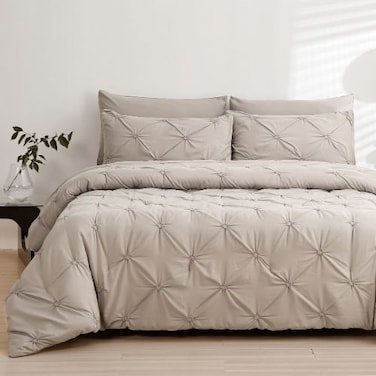 Luna Home King size comforter set, 6 piece fitted bedding set pintuck pleated, beige color.