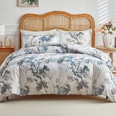 Luna Home Queen size, 6 pieces, duvet cover set, tree with blue and grey leaves.