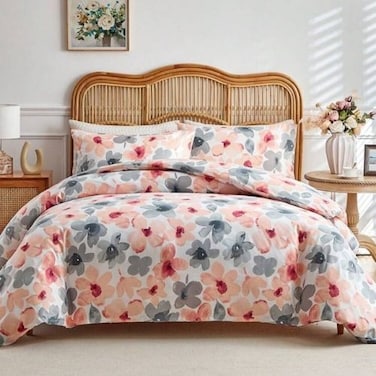 Luna Home King size 6 piece duvet cover set pink and gray floral print.