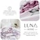 Luna Home Queen size 6 piece bedding set, white bed linen with purple floral pattern.