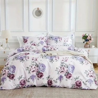 Luna Home Queen size 6 piece bedding set, white bed linen with purple floral pattern.