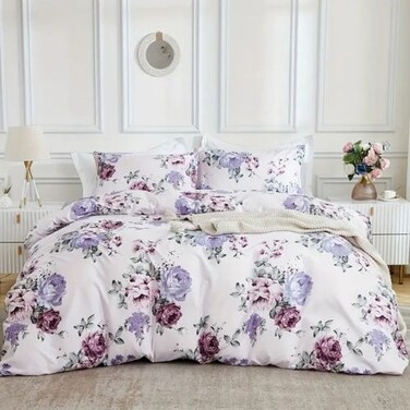 Luna Home King size 6 piece bedding set, white bed linen with purple floral pattern.