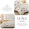 Luna Home Queen size 6 piece duvet cover set, white bed linen with gray feathers.