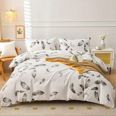 Luna Home Queen size 6 piece duvet cover set, white bed linen with gray feathers.