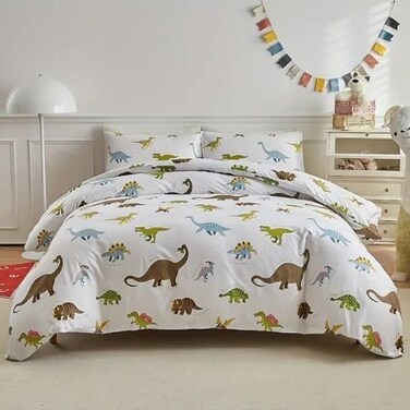 Luna Home Single size 4 piece bedding set with dinosaur pattern duvet cover.