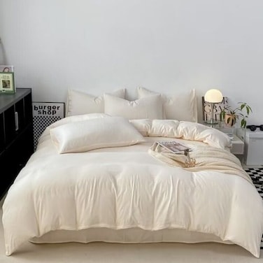 LUNAHOME-Single size 4 pieces bedding set, Washable Cotton Milky White Color.