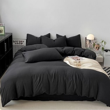 LUNAHOME-Queen size 6 Pieces bedding Set, Washable Cotton Black Color.