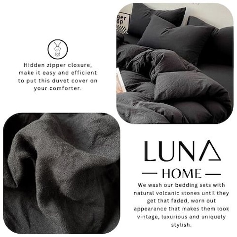 LUNAHOME-King size 6 Pieces bedding Set, Washable Cotton Black Color.