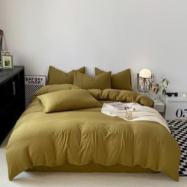 LUNAHOME-King size 6 Pieces bedding Set, Washable Cotton Khaki Color.