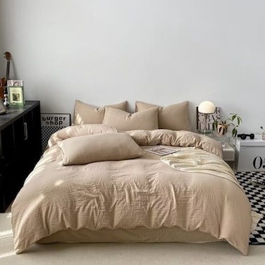 LUNAHOME-Single size 4 pieces bedding set, Washable Cotton Beige Color.