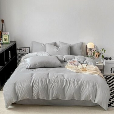 LUNAHOME-King size 6 Pieces bedding Set, Washable Cotton Light Grey  Color.
