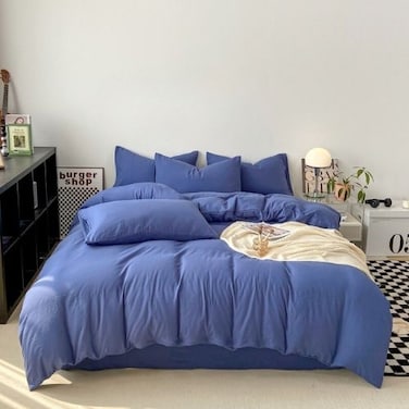 LUNAHOME-King size 6 Pieces bedding Set, Washable Cotton Blue Color.
