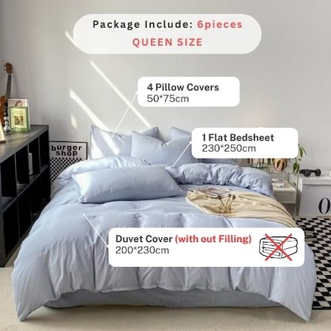 LUNAHOME-Queen size 6 Pieces bedding Set, Washable Cotton Light Blue  Color.